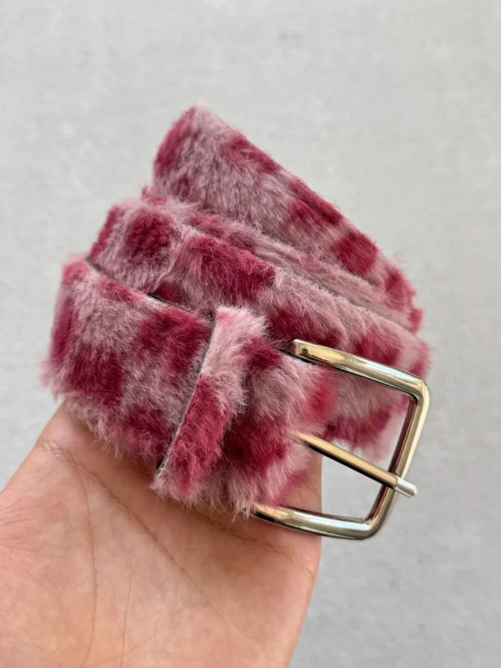 Pink Leopard Print Plush Faux Fur Belt